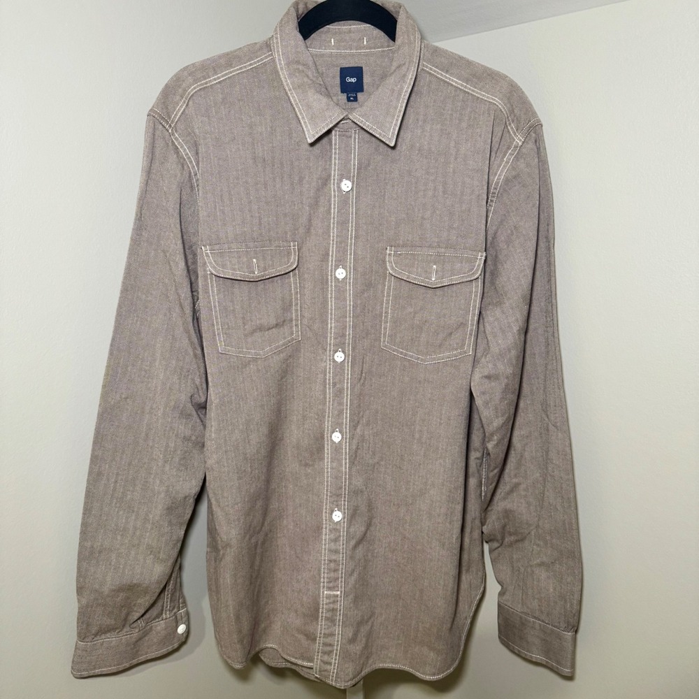 Gap Mens XL Brown Herringbone Cotton Button Down Shirt Contrast Stitch Workwear